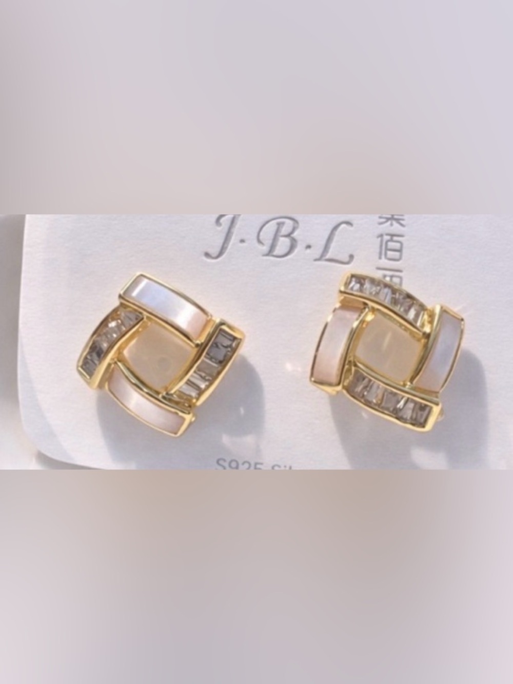 Gold Geometric Stud Earrings with Mother of Pearl & CZ | S925 Post - Picture 2 of 4